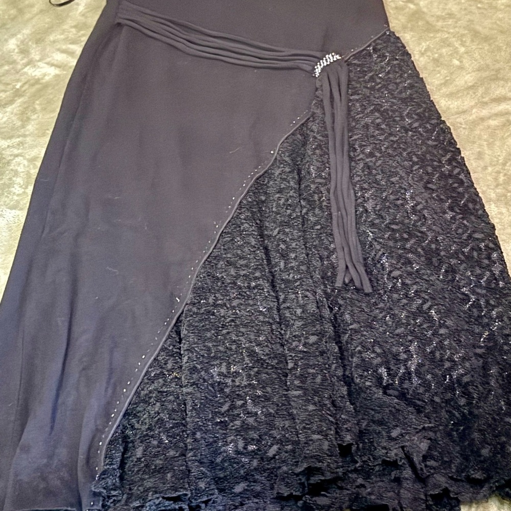 Vtg Y2K Goth Black Lace Asymmetrical Skirt Rhinestone Detail Witchy Morticia